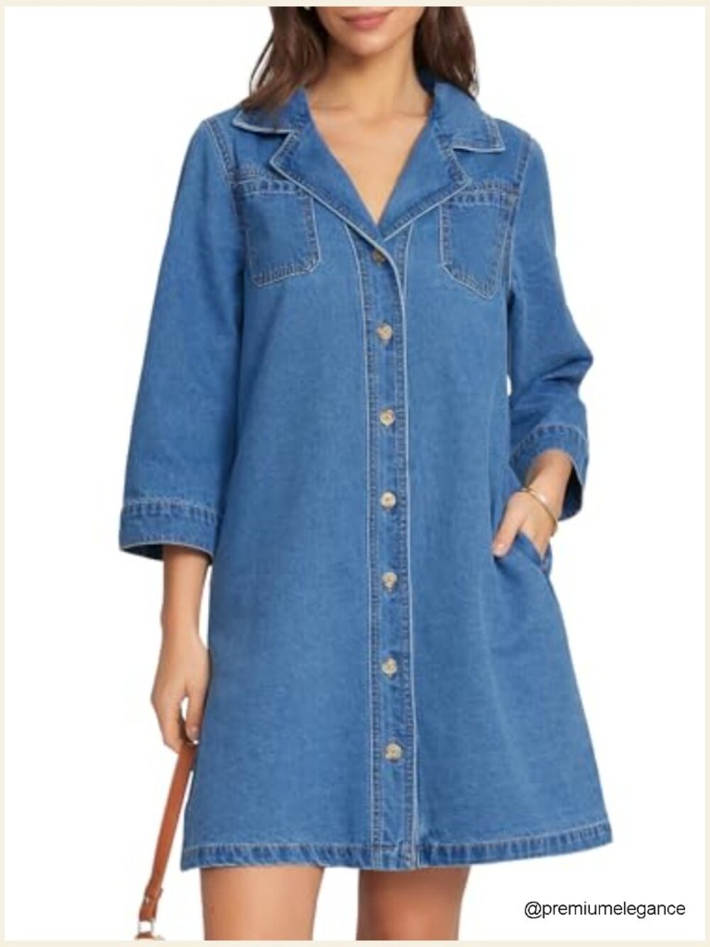 Denim Shirt Dress 3/4 Sleeve Button Down A Line Chambray with Pockets - Picture 5 of 6